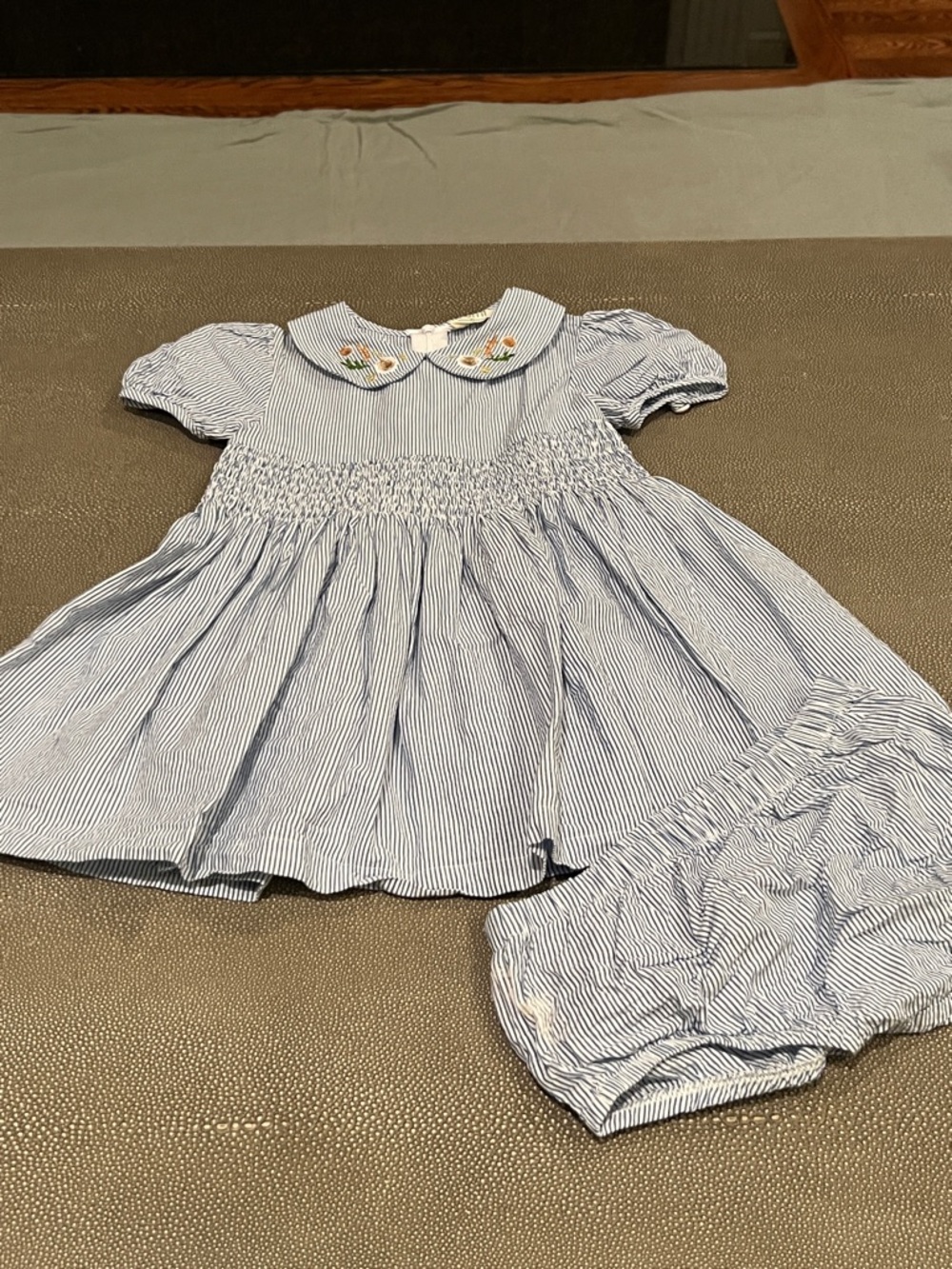 Blue Striped Smocked Baby Dress with Bloomer Set